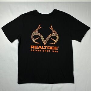 Realtree Mens XL Black Graphic T-Shirt‎ Camo Antler Logo Established 1986 Tee